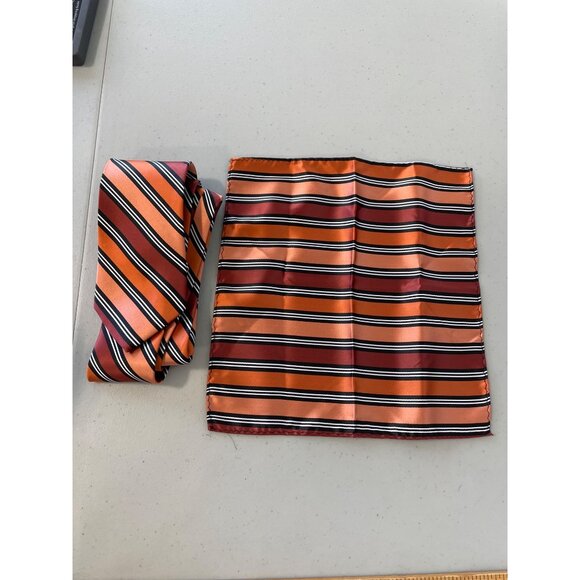 Pierre Cardin Tie & Pocket Square Set Striped Orange Red Black Polyester - Picture 4 of 6